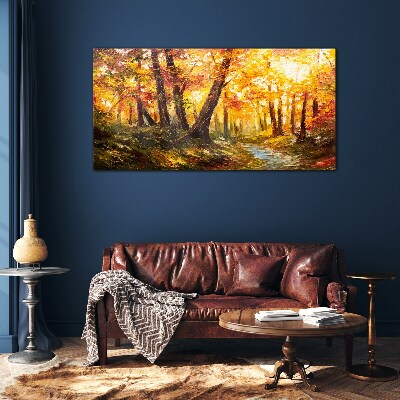 Glasbild Goldener Wald im Sonnenlicht