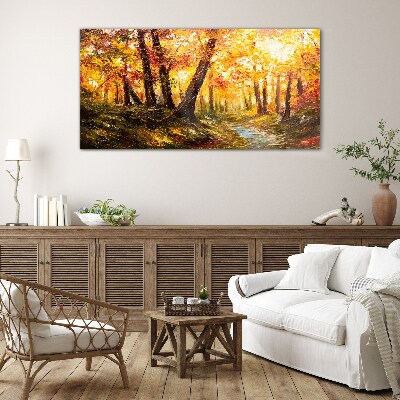 Glasbild Goldener Wald im Sonnenlicht
