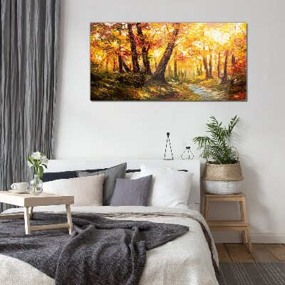 Glasbild Goldener Wald im Sonnenlicht