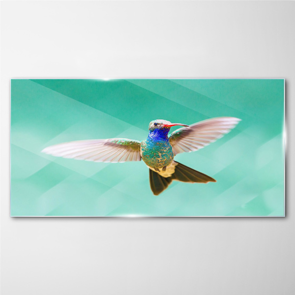 Glasbild Kolibri auf blauem Hintergrund