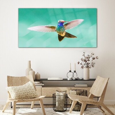 Glasbild Kolibri auf blauem Hintergrund