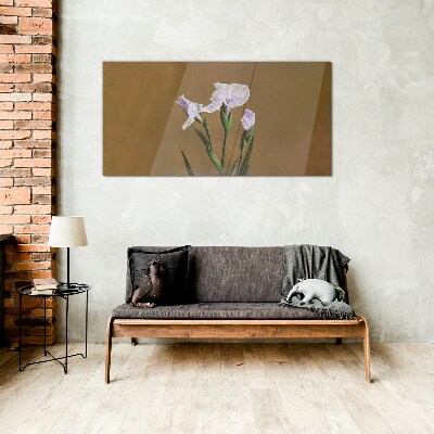 Glasbild Irisblüten auf braunem Hintergrund
