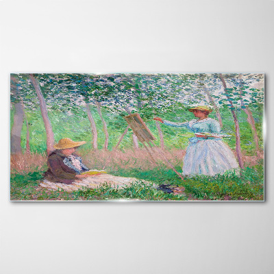 Glasbild Frau mit Monet-Regenschirm