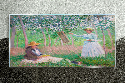 Glasbild Frau mit Monet-Regenschirm