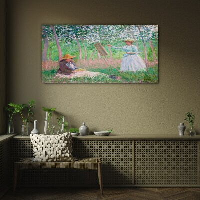 Glasbild Frau mit Monet-Regenschirm