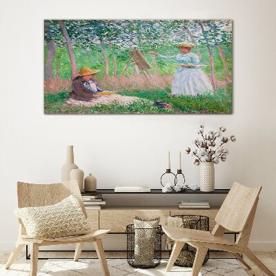 Glasbild Frau mit Monet-Regenschirm