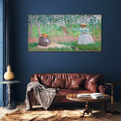 Glasbild Frau mit Monet-Regenschirm