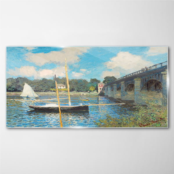 Glasbild Brücke Flussboote Monet