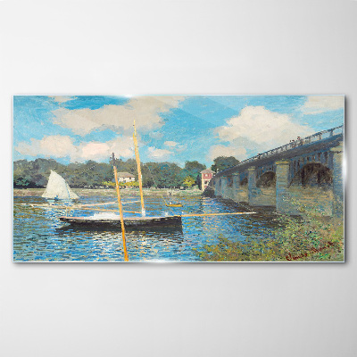 Glasbild Brücke Flussboote Monet