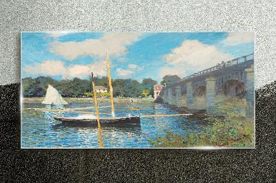 Glasbild Brücke Flussboote Monet