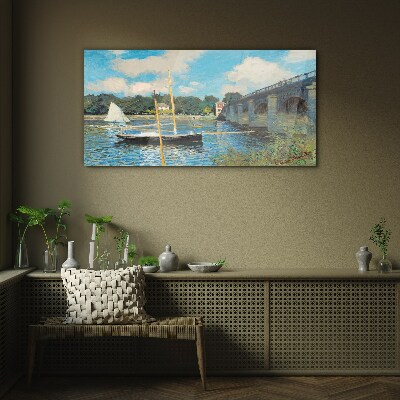 Glasbild Brücke Flussboote Monet