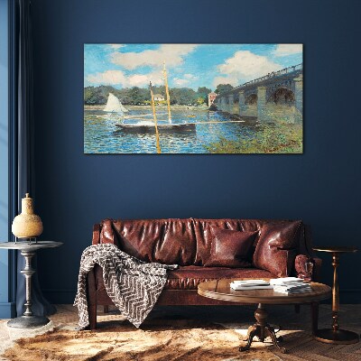 Glasbild Brücke Flussboote Monet