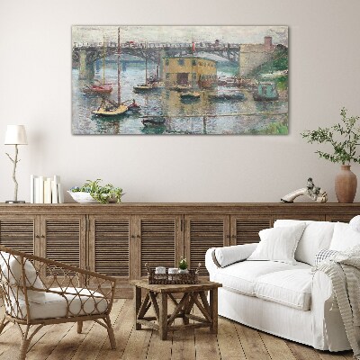 Glasbild Ein friedlicher Hafen in Pastellfarben