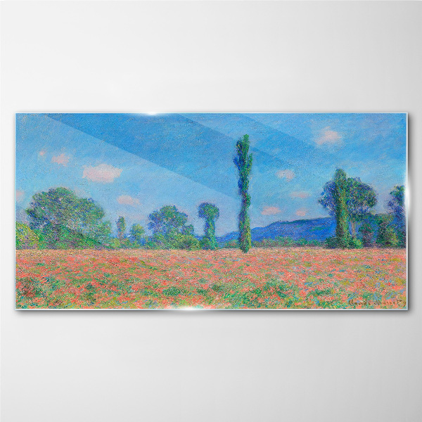 Glasbild Blumenfeld unter blauem Himmel