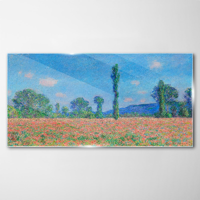 Glasbild Blumenfeld unter blauem Himmel