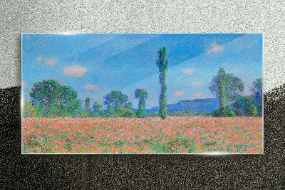 Glasbild Blumenfeld unter blauem Himmel
