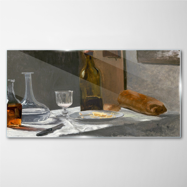 Glasbild Stillleben mit Flaschen und Glas