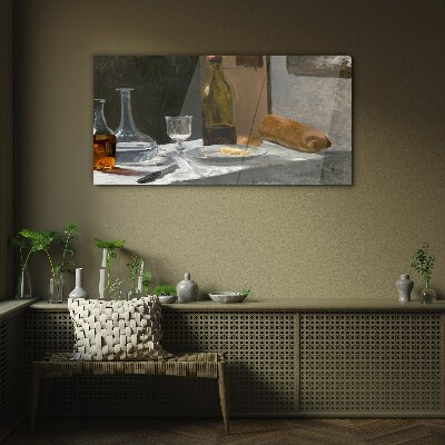 Glasbild Stillleben mit Flaschen und Glas