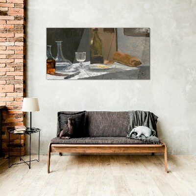 Glasbild Stillleben mit Flaschen und Glas