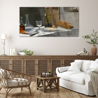 Glasbild Stillleben mit Flaschen und Glas