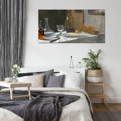 Glasbild Stillleben mit Flaschen und Glas