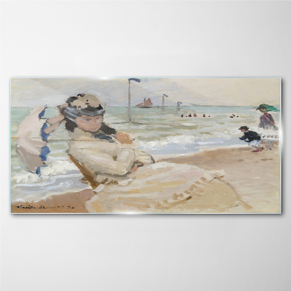 Glasbild Frau am Strand mit einem Sonnenschirm