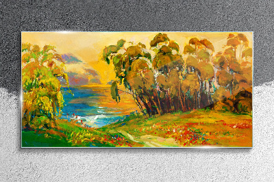 Bild auf glas Goldene Bäume über blauem Meer