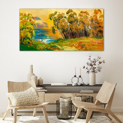 Bild auf glas Goldene Bäume über blauem Meer