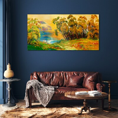 Bild auf glas Goldene Bäume über blauem Meer
