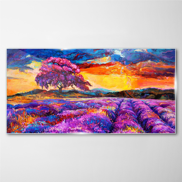 Glasbild Lila Lavendelfelder bei Sonnenuntergang