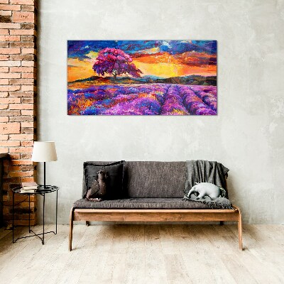 Glasbild Lila Lavendelfelder bei Sonnenuntergang