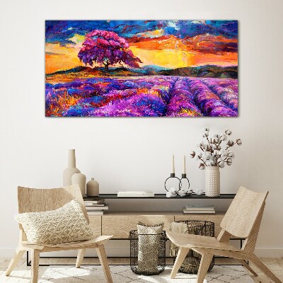 Glasbild Lila Lavendelfelder bei Sonnenuntergang