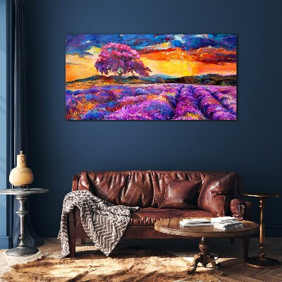 Glasbild Lila Lavendelfelder bei Sonnenuntergang