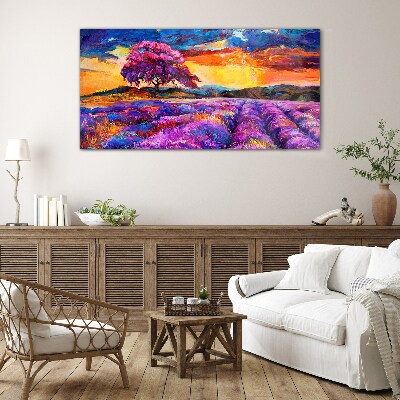 Glasbild Lila Lavendelfelder bei Sonnenuntergang