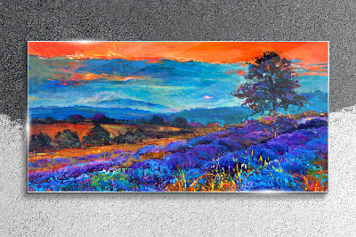 Foto glasbild Farbenfrohe Landschaft im Sonnenuntergang