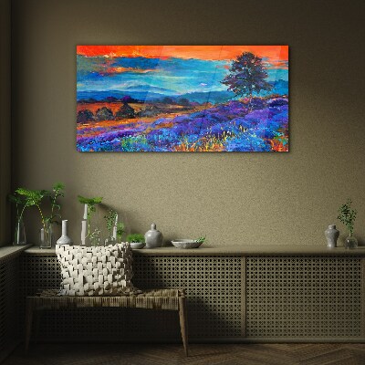 Foto glasbild Farbenfrohe Landschaft im Sonnenuntergang