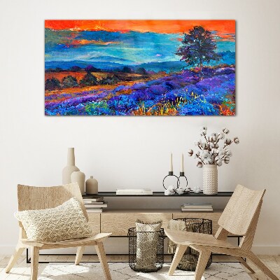 Foto glasbild Farbenfrohe Landschaft im Sonnenuntergang