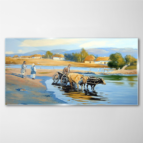 Glasbild Ländliche Landschaft mit Ochsen