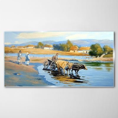 Glasbild Ländliche Landschaft mit Ochsen