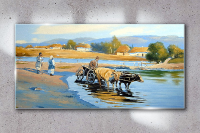 Glasbild Ländliche Landschaft mit Ochsen