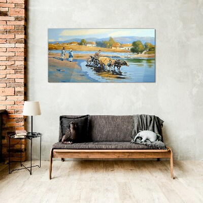 Glasbild Ländliche Landschaft mit Ochsen