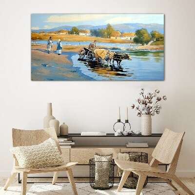 Glasbild Ländliche Landschaft mit Ochsen