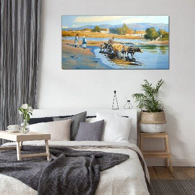 Glasbild Ländliche Landschaft mit Ochsen