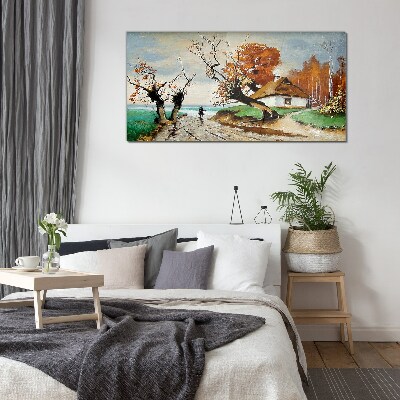 Glasbild Herbstlandschaft mit einem Landhaus