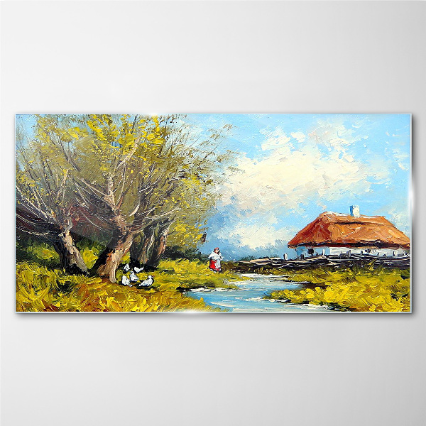 Glasbild Ländliche Landschaft mit einem Häuschen und Bäumen