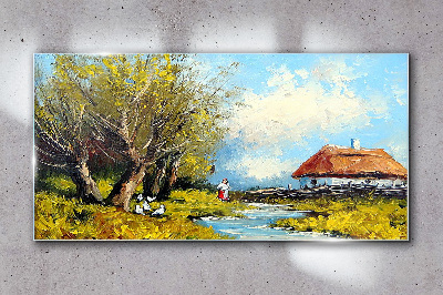 Glasbild Ländliche Landschaft mit einem Häuschen und Bäumen
