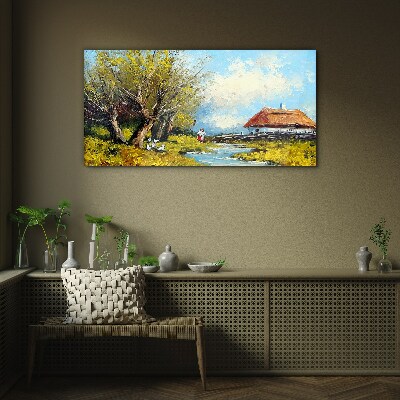 Glasbild Ländliche Landschaft mit einem Häuschen und Bäumen