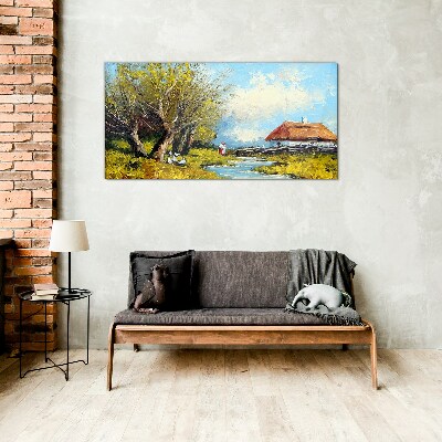 Glasbild Ländliche Landschaft mit einem Häuschen und Bäumen