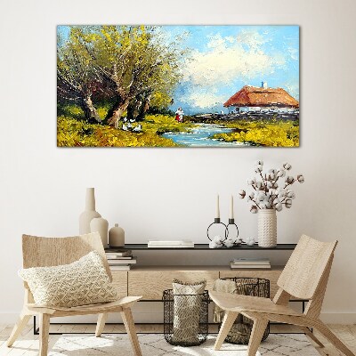 Glasbild Ländliche Landschaft mit einem Häuschen und Bäumen