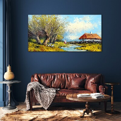 Glasbild Ländliche Landschaft mit einem Häuschen und Bäumen